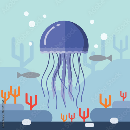 blue jellyfish swimming in coral reef. jellyfish cartoon in water. creatures that live in coral reef