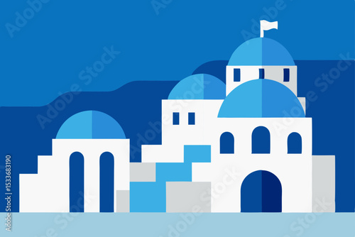 Blue dome church in Oia, Santorini, Greece with a white building and the Aegean Sea under a summer sky