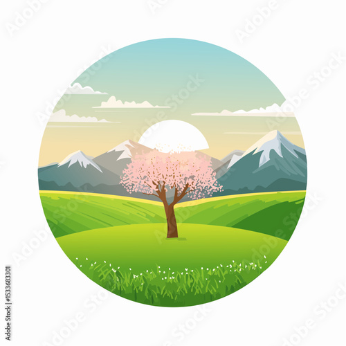 A green field with mountains in the background, a lone blooming tree against a sunrise sky