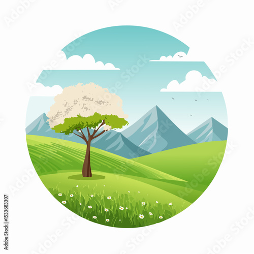 A green field with mountains in the background, a lone blooming tree against a sunrise sky