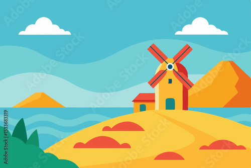 A cartoon windmill on a rural hill with a house under a sunny sky