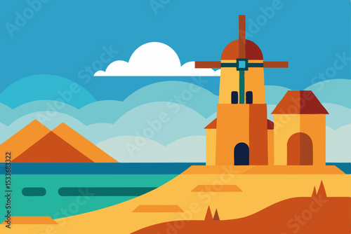 White Greek island church with a blue-domed tower by the Mediterranean Sea, a summer landmark for European travel and tourism