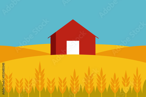Red barn in a green rural landscape with blue sky