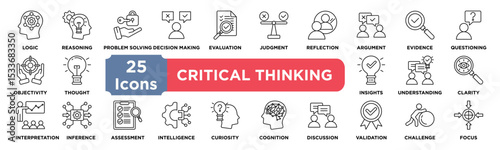 Critical Thinking icon collection set. Containing logic,reasoning,problem solving,decision making,evaluation,judgment,reflection,argument,evidence,questioning,objectivity icon. Simple line vector.	