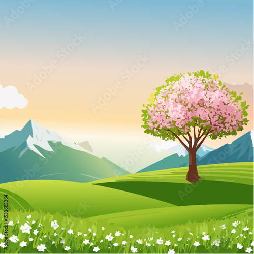 A green field with mountains in the background, a lone blooming tree against a sunrise sky