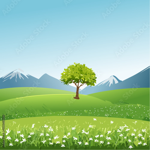 A green field with mountains in the background, a lone blooming tree against a sunrise sky
