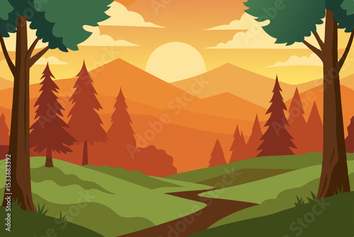 Serene Sunset Landscape Majestic Mountains, Winding Path, and Lush Greenery
