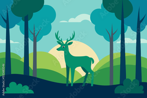 A vector illustration of a wild deer silhouette in a forest landscape with a sunset sky