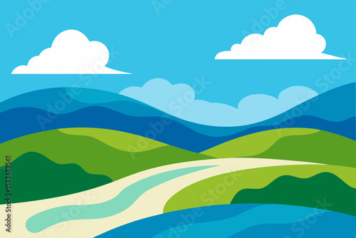 Mountain landscape with green meadows, blue sky, and white clouds, a natural summer view