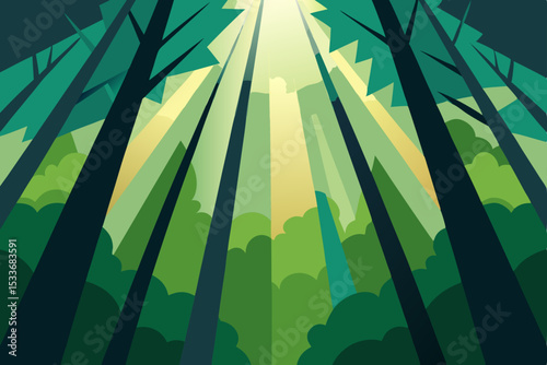 Green bamboo forest in morning light with sun rays filtering through the leaves, a natural and serene landscape design