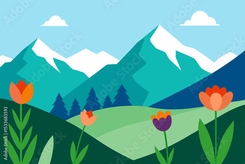 A vibrant spring mountain landscape with flowers, green grass, and blue sky