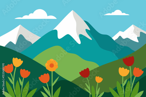 Majestic Mountain Peaks and Blooming Tulips A Serene Spring Landscape