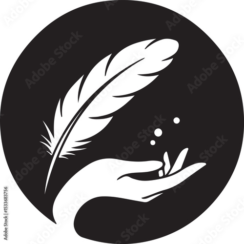 Black and white vector feather illustration, a symbolic design element