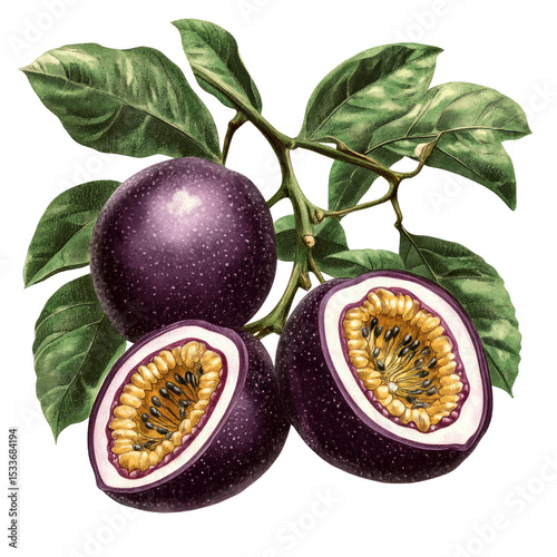 Botanical passion fruit with split open texture and green vine leaves, vintage tropical illustration, transparent PNG