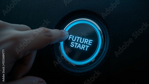 Finger pushing future start button, beginning new era