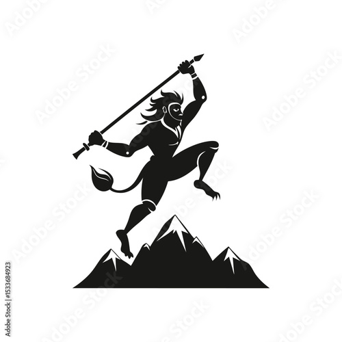 Mighty Hanuman Leaping Across Mountains, Silhouette Illustration