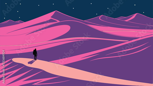 A lone traveler journeys across pink desert dunes under a starry night sky a minimalist design perfect for branding