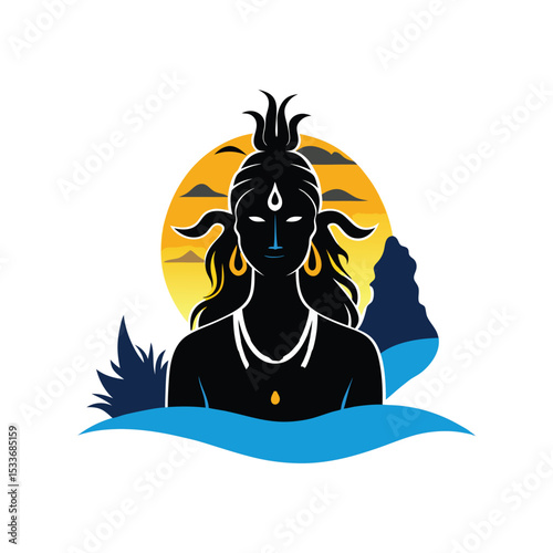 Serene Hindu Deity Lord Shiva in a Sunset Silhouette Illustration