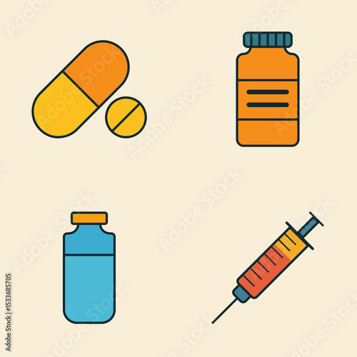 Set of Bright Healthcare Icons Featuring Orange Medicine Jar, Blue Vaccine Vial, Large Capsule, and Injection Syringe