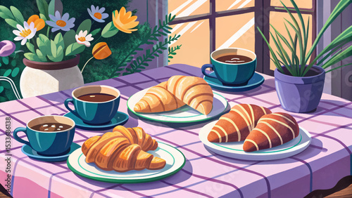French croissants with cup of coffee on a rustic wooden breakfast table cozy morning scene with bakery pastry and hot drink