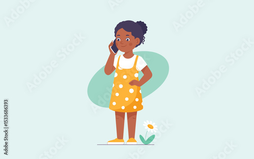 Happy Little Girl Talking on Phone, Flat Vector Illustration