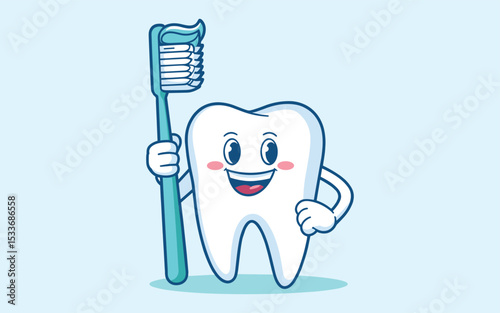 Happy Tooth Character Brushing Teeth Vector Illustration for Dental Hygiene