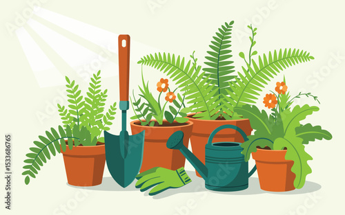 Vibrant Potted Plants and Gardening Tools A Flat Vector Illustration
