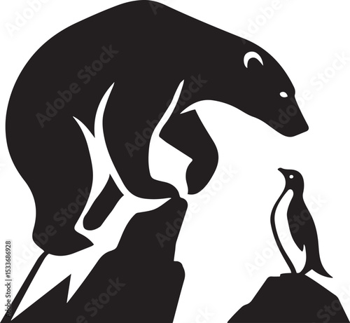 Polar bear and penguin silhouette icy landscape, Arctic animals silhouette on ice scene