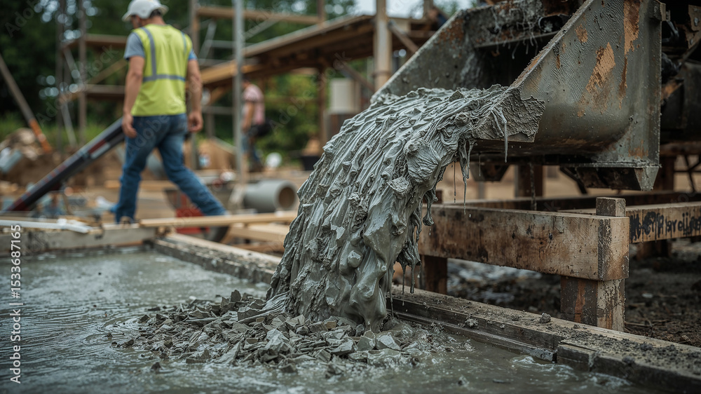Fototapeta premium Construction workers pouring concrete at building site