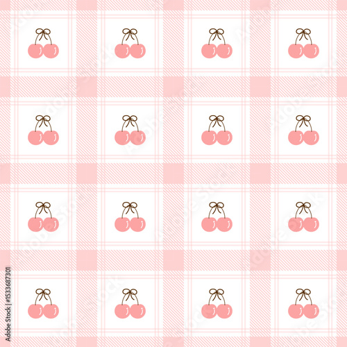 cherry on Fabric pattern, pink checkered pattern background, gift wrapping paper , seamless pattern 