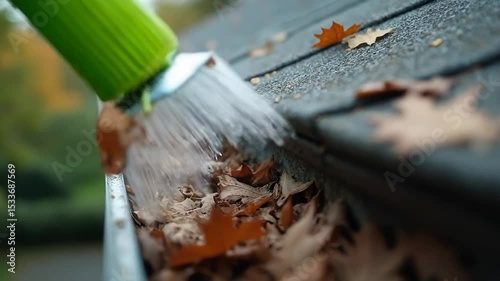 Gutters that need to be cleaned - leaf and tree debris jammed into a metal gutter attached to the roof of a house with asphalt shingles - a slow zoom close up camera movement tracking shot 