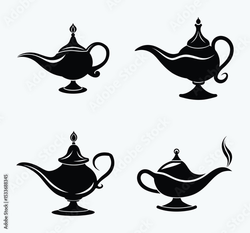 Magic lamp silhouette, Magic lamp set, genie lamp icon, Arabic dream vector