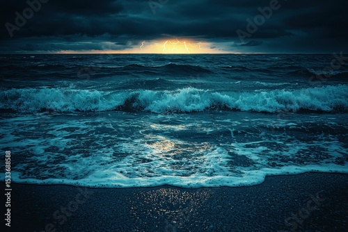 Stormy sunset over dark ocean waves