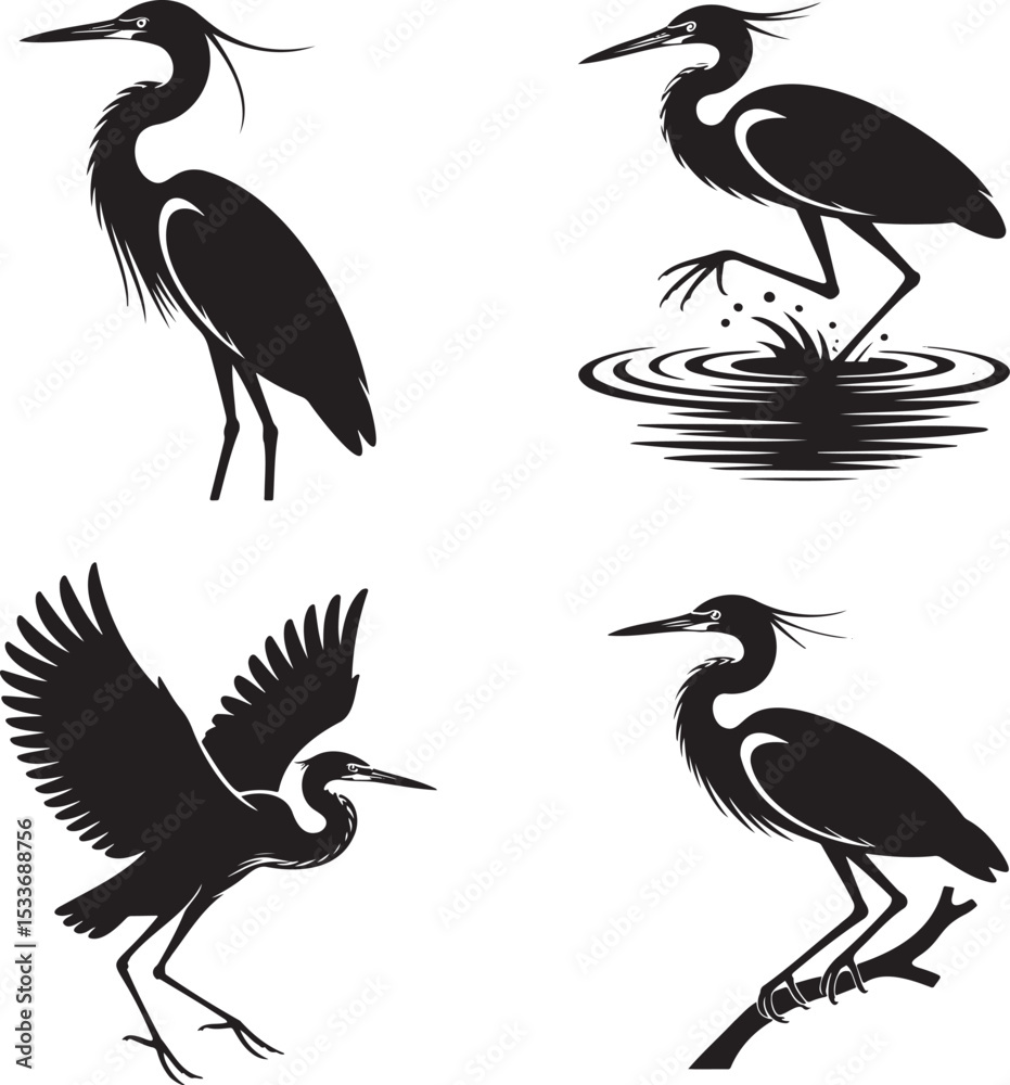 Fototapeta premium Heron Birds silhouette set vector illustration isolated On Transparent Background