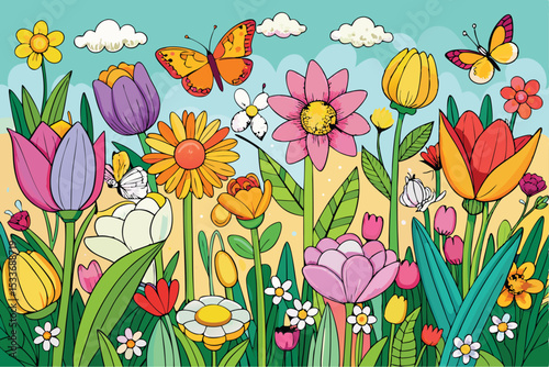 Seamless spring floral pattern featuring tulips and butterflies