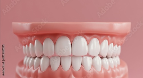 Close up of a dental model featuring bright white teeth against a pastel pink background in studio shot