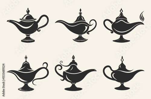 Magic lamp silhouette, genie lamp icon, Arabic dream vector, Magic lamp set