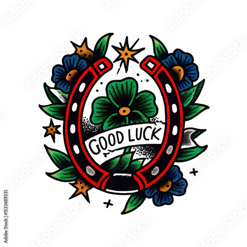 Good Luck Horseshoe and Four-Leaf Clover Tattoo