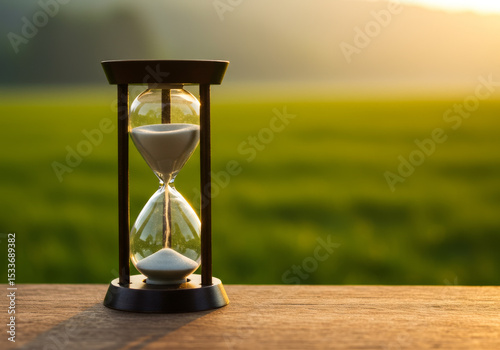 Hourglass on wooden surface with green field in the background during golden hour light setting sun