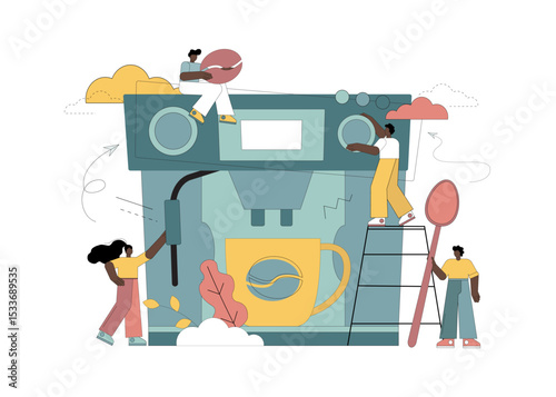 Coffee concept. Coffee lovers. Baristas prepare coffee using a coffee machine.eps
