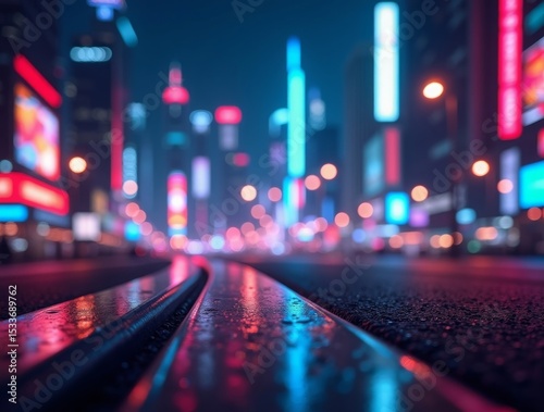 A futuristic urban cityscape at night, featuring colorful neon lights with a beautiful bokeh effect, creating a vibrant and cinematic look