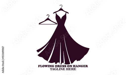 Silhouette of flowing dress on hanger icon, flowing dress on hanger vector illustration and logo design, friendly wardrobe