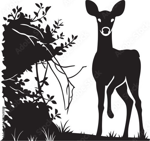 Deer in forest silhouette nature theme, Woodland deer black white scenic design