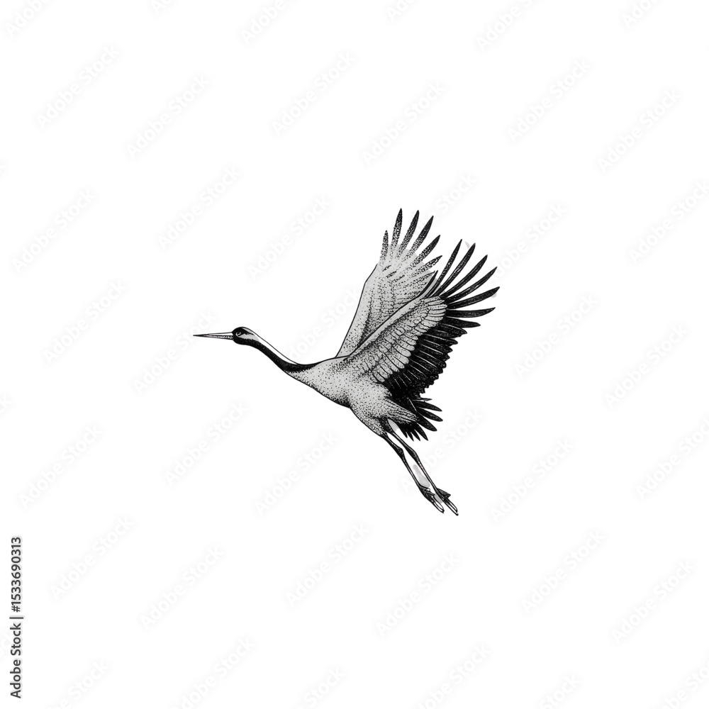 Fototapeta premium Elegant Crane in Flight A Hand-Drawn Illustration