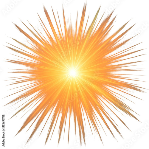 Bright orange and yellow sunburst star creates powerful glowing light burst. This energetic flare provides feeling of hope and vibrant energy for any design