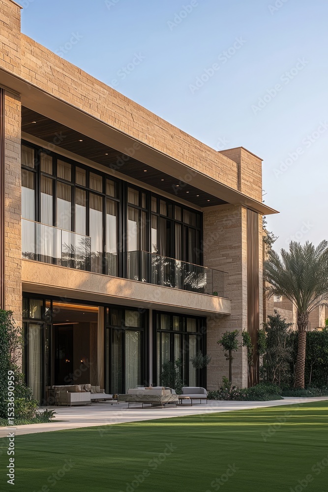 Obraz premium Modern, beige stone villa with expansive glass windows, a balcony, and outdoor seating overlooking a manicured lawn under a clear sky