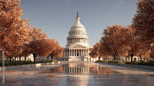 White Capitol Building Low Poly 3D Model with Autumn Trees.

