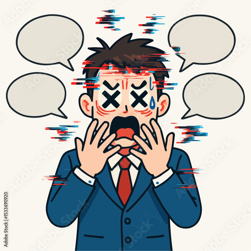 Stressed Businessman with Glitch Effect – Cartoon Character with Speech Bubbles