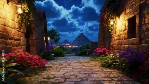 Stone alley glowing with warm lantern light flanked by vibrant blooming flowers and leading towards distant pyramids under moonlit cloudy night sky. Travel concept
