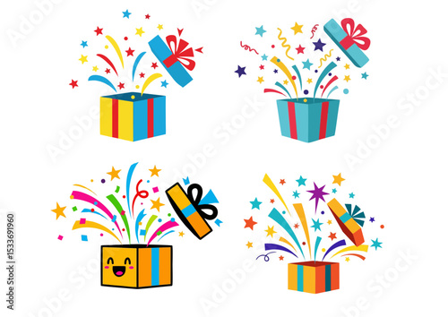 Gift box illustration bursting open with stars and confetti, conveying delight energy and surprise